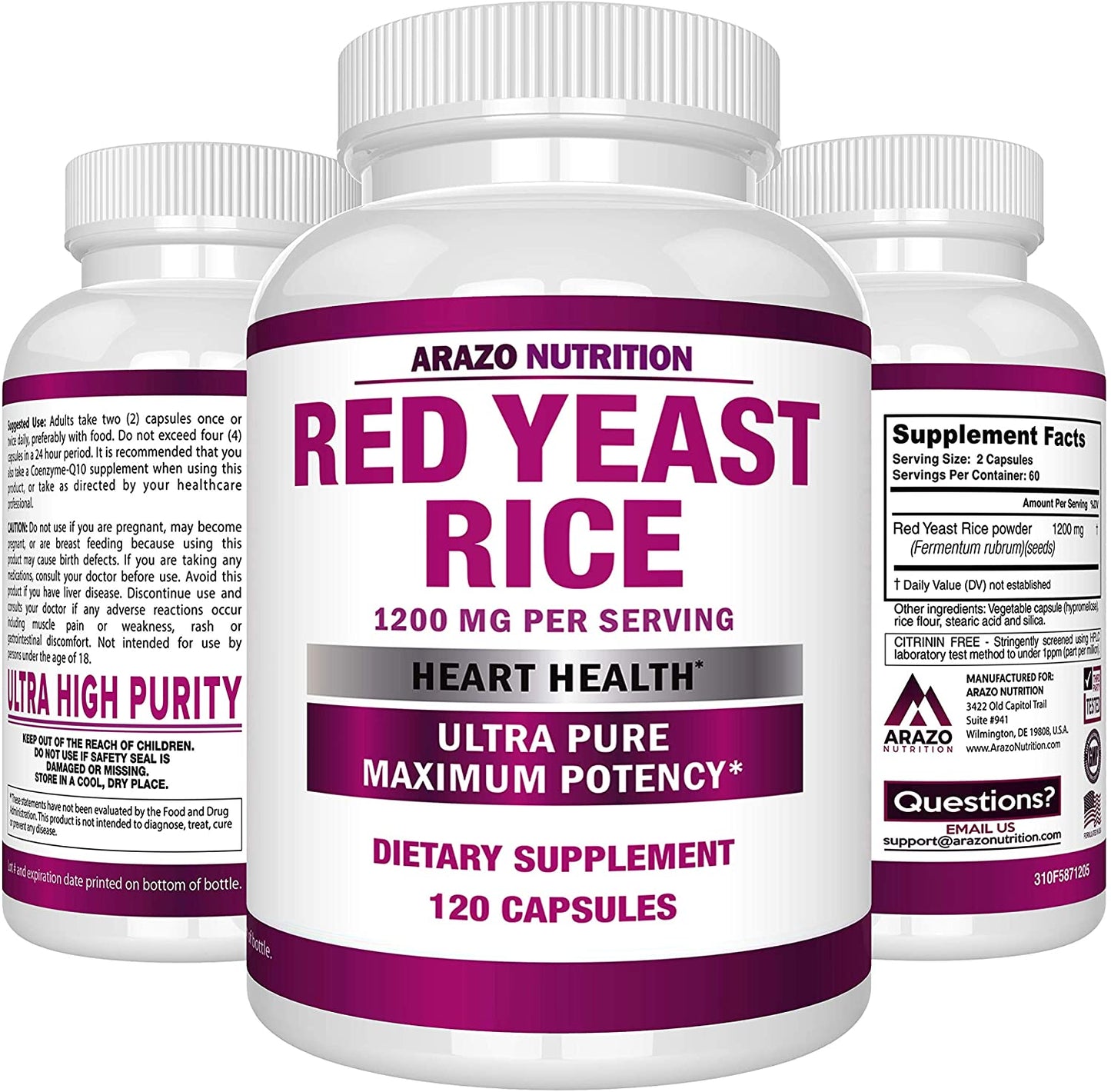 Red Yeast Rice Extract 1200 mg – Citrinin Free Supplement – Vegetarian 120 Capsules - Arazo Nutrition