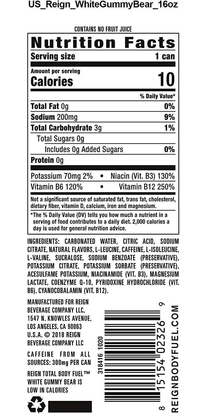 Reign Total Body Fuel, White Gummy Bear, Fitness and Performance Drink, 16 Fl Oz (Pack of 12)