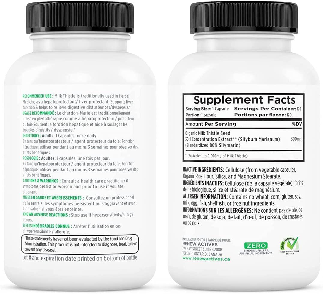 Renew Actives Milk Thistle Capsules: 300mg Organic Milk Thistle Seed Extract Supplement to Support Healthy Liver Function - Highly Concentrated Formula with Standardized Silymarin - 120 Veggie Pills