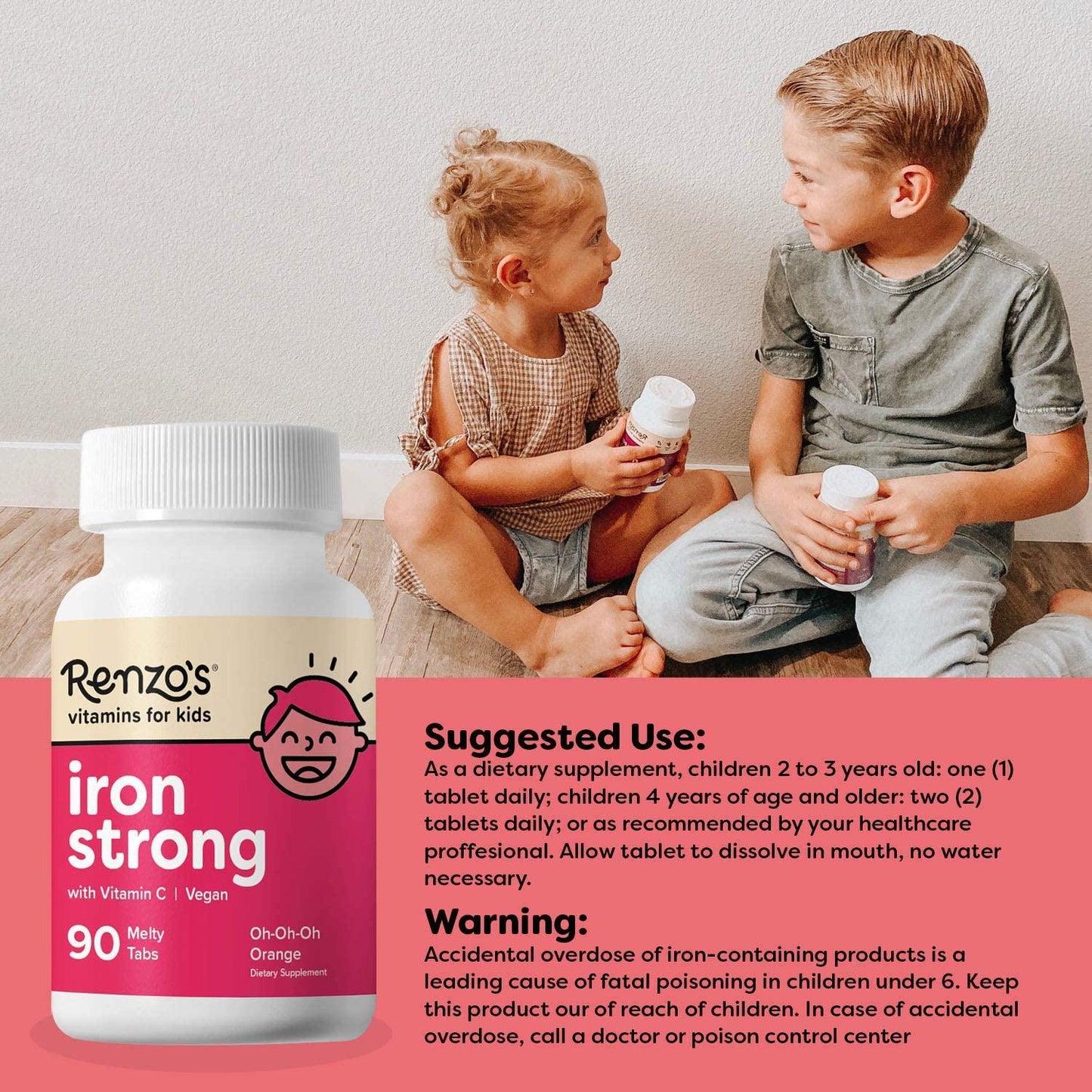Renzo's Iron Strong, Dissolvable Vegan Vitamins for Kids, Zero Sugar, Oh-Oh-Oh Orange Flavor, 90 Melty Tabs