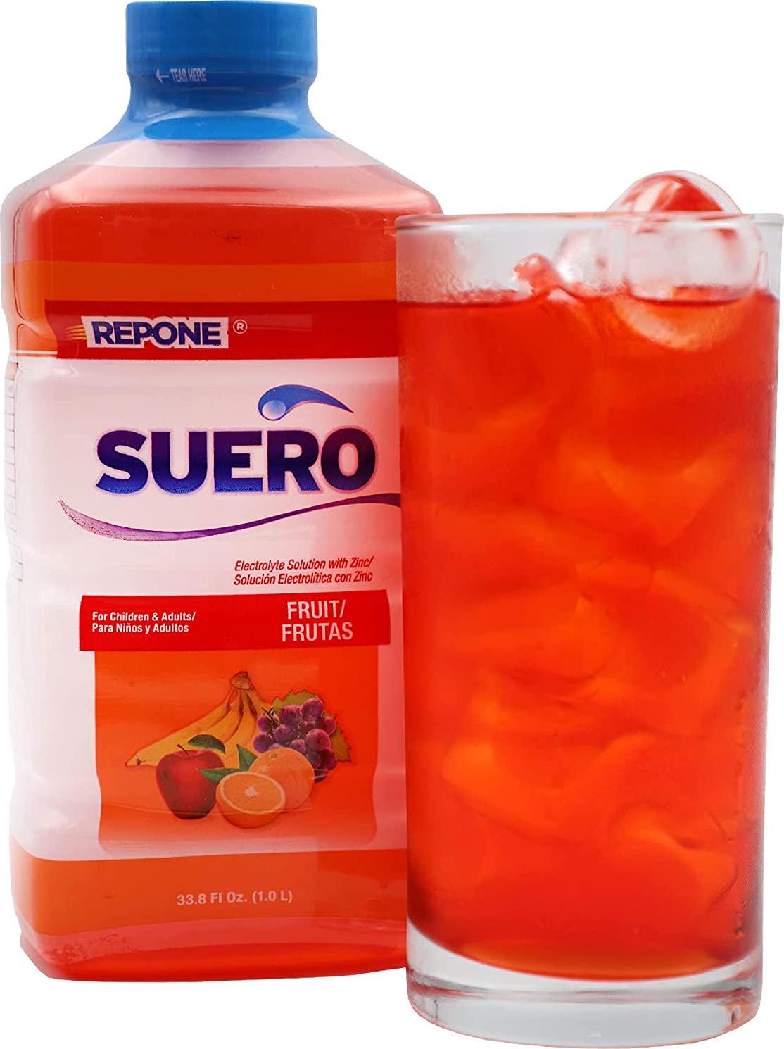 Repone Suero Electrolyte Solution with Zinc, Oral Beverage to rehydrate, Helps you Restore Minerals and Nutrients, Fruit Flavor, 2-Pack of 33.8 Fl Oz Bottles