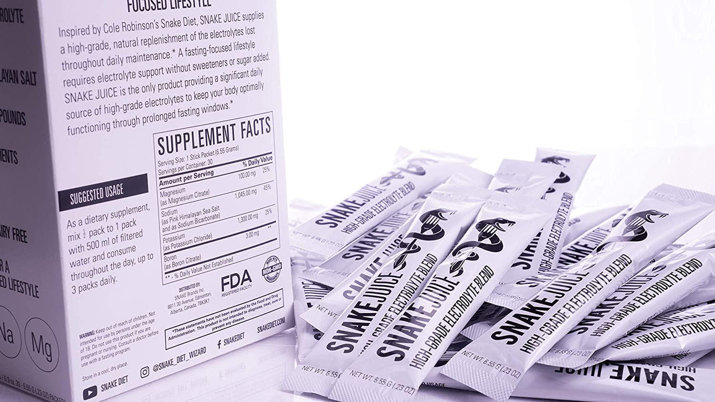 SNAKE Juice Keto Diet Electrolyte Powder, Unflavored, Fasting-Focused Supplement Beverage Mix, 30 Easy-Open Packets
