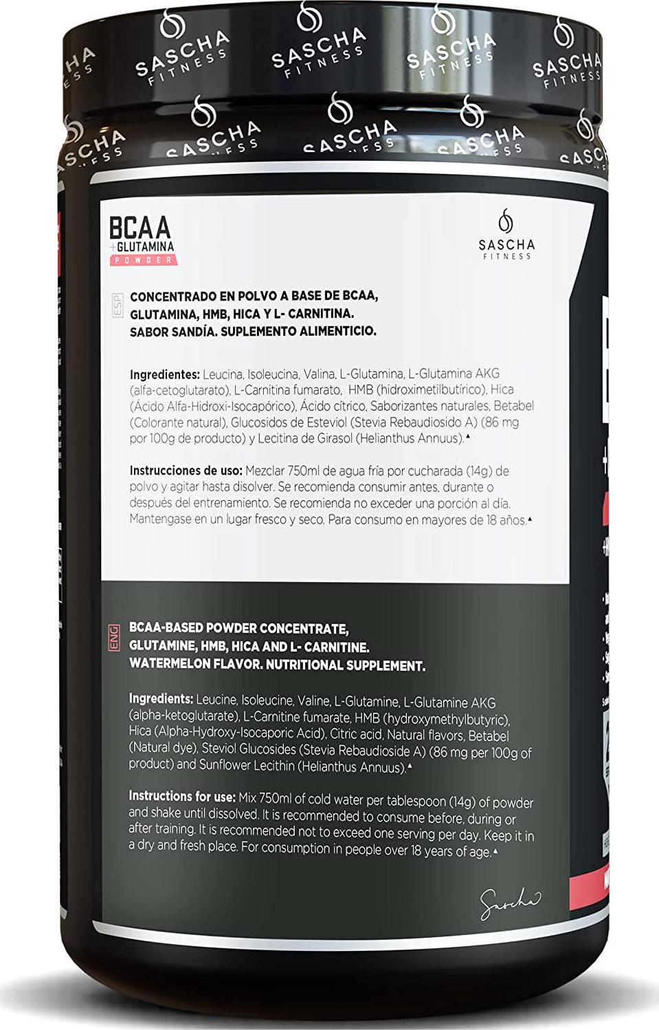 Sascha Fitness BCAA 4:1:1 + Glutamine,HMB,L-Carnitine,HICA | Powerful and Instant Powder Blend with Branched Chain Amino Acids (BCAAs) for Pre,Intra and Post-Workout | Natural Watermelon Flavor,350g