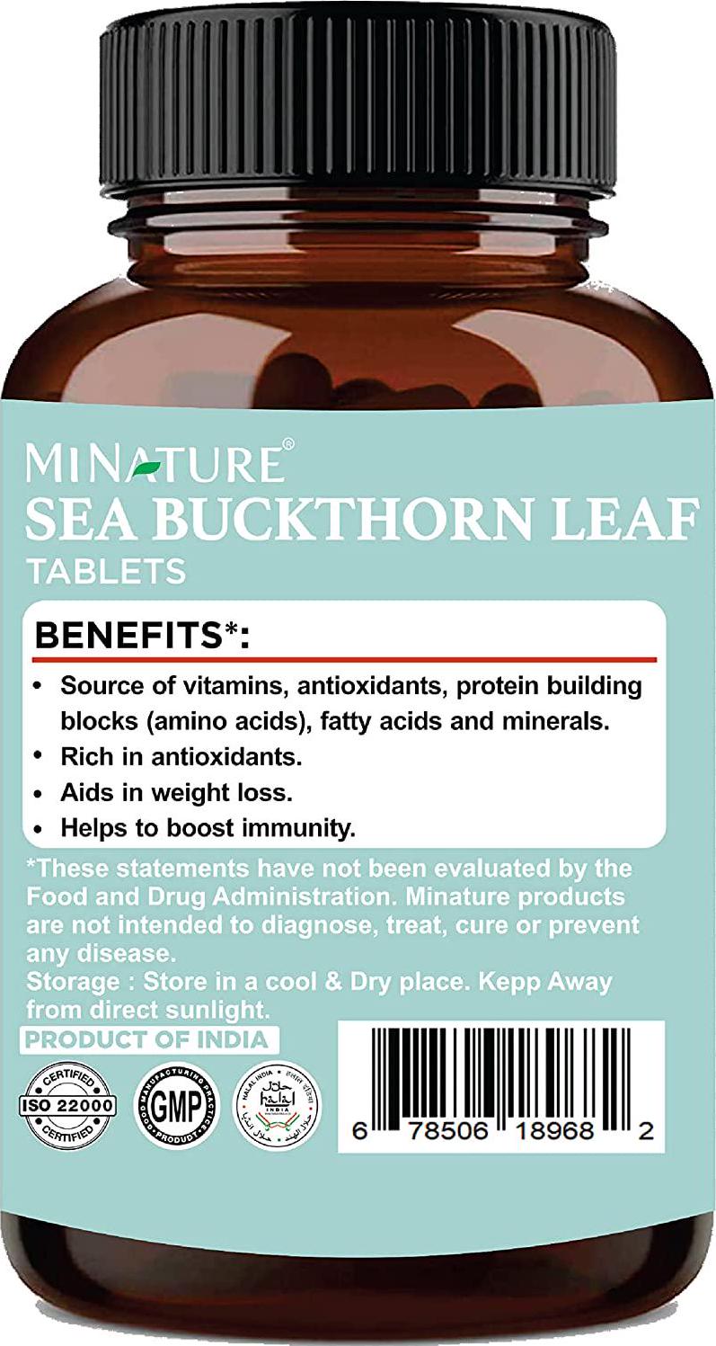 Sea Buckthorn Leaf Tablets by mi Nature | 90 Tablets, 1000 mg | 45 Days Supply | Source of vitamins | Anti-oxidant |Boosts immunity | Vegan