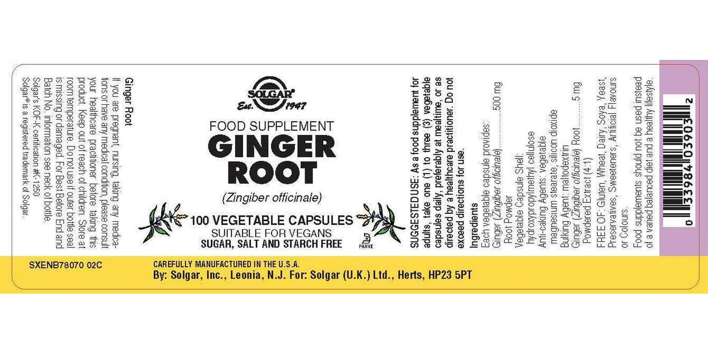 Solgar Full Potency Ginger Root Vegetable Capsules, 100 Count