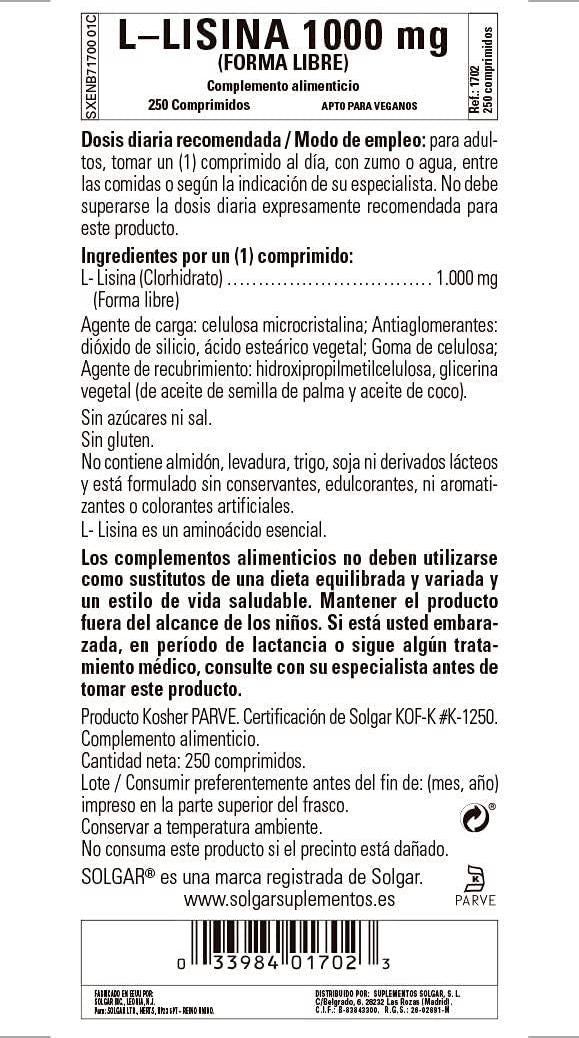 Solgar L-Lysine 1000 mg, 250 Tablets