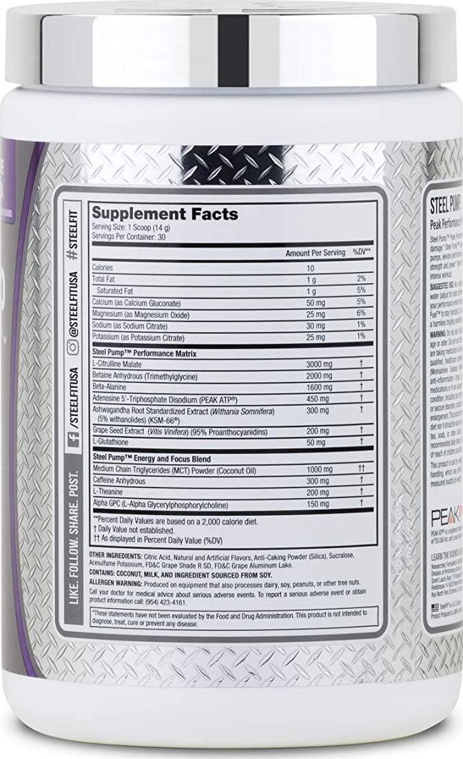 SteelFit, Steel Pump Physician Formulated Peak Performance Workout, Train Harder and Longer, 30 Servings (Grape Soda)