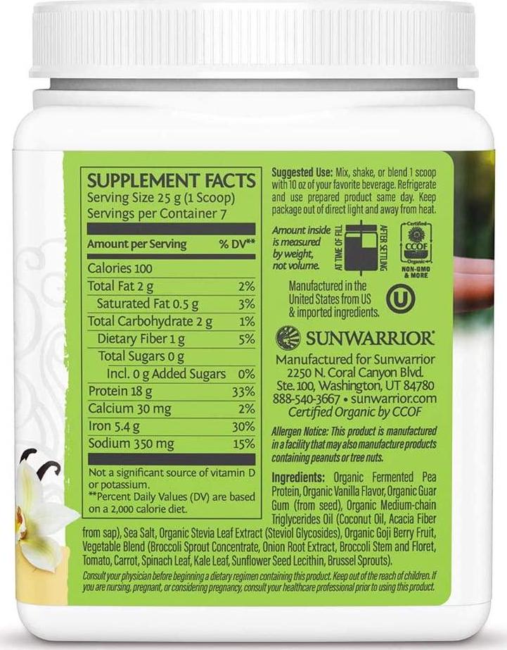 Sunwarrior Clean Greens and Protein Organic Greens Powder Superfood No Added Sugar Non GMO Soy Free Gluten Free Dairy Free Keto Friendly Green Superfood Powder (Tropical Vanilla) (175 Gram)