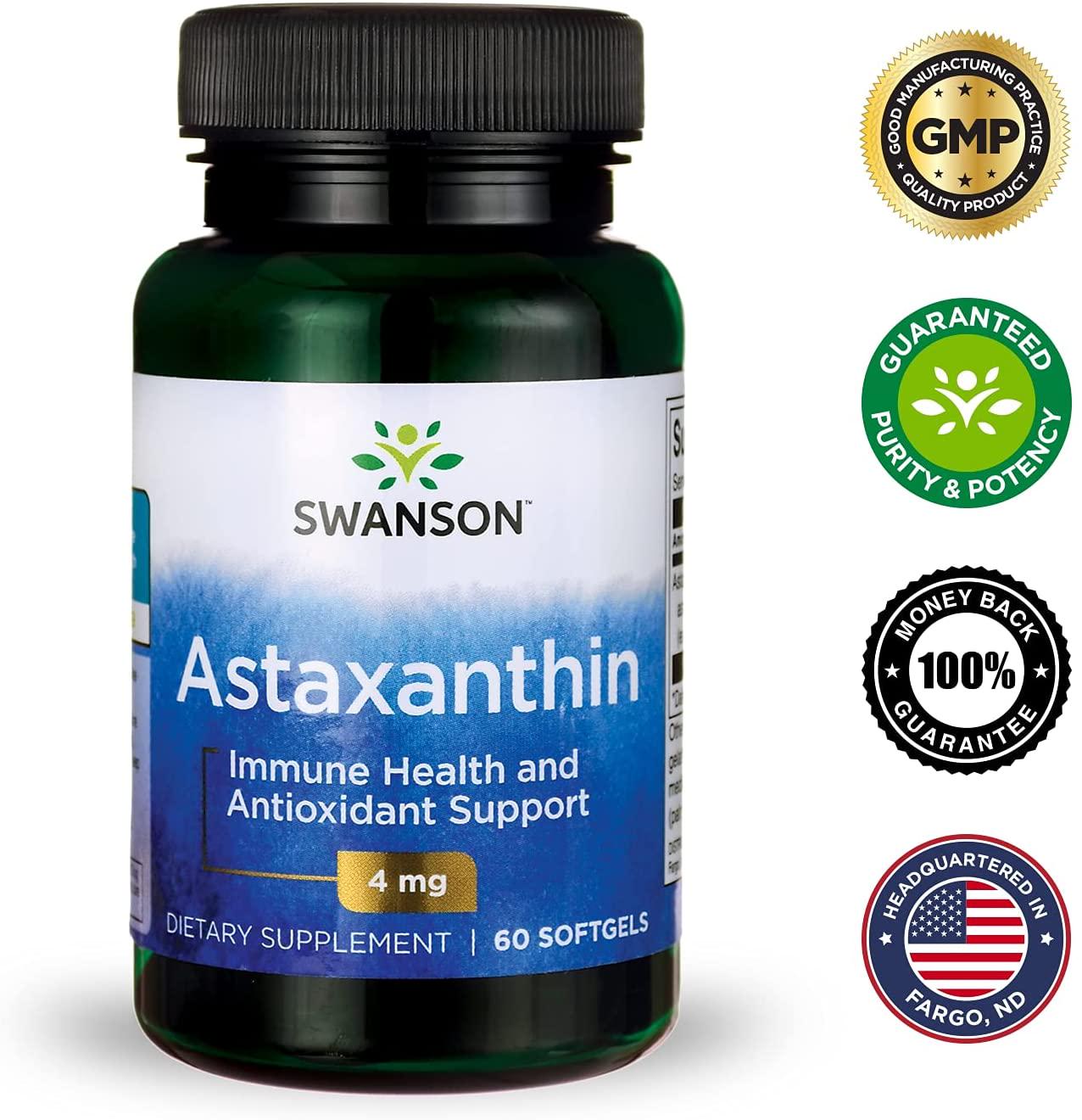 Swanson Astaxanthin Eye Vision Brain Skin Health Antioxidant Support Supplement (Astaxanthin 4 mg) 60 Softgels Sgels