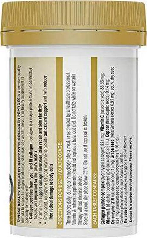 Swisse Ultiboost Collagen Glow With Collagen Peptides + Grapeseed + Coq10 - 60 Tablets