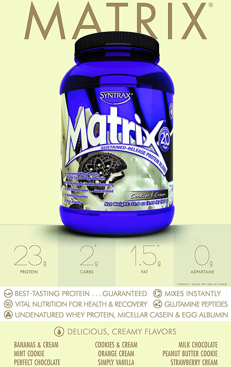 Syntrax Matrix, Native Grass-Fed, Undenatured Whey Protein, Micellar Casein and Egg Albumin with Glutamine Peptides, RBST-Free, Mixes Instantly, Smooth Creamy Flavor, Cookies and Cream, 2 lb, 32 Oz