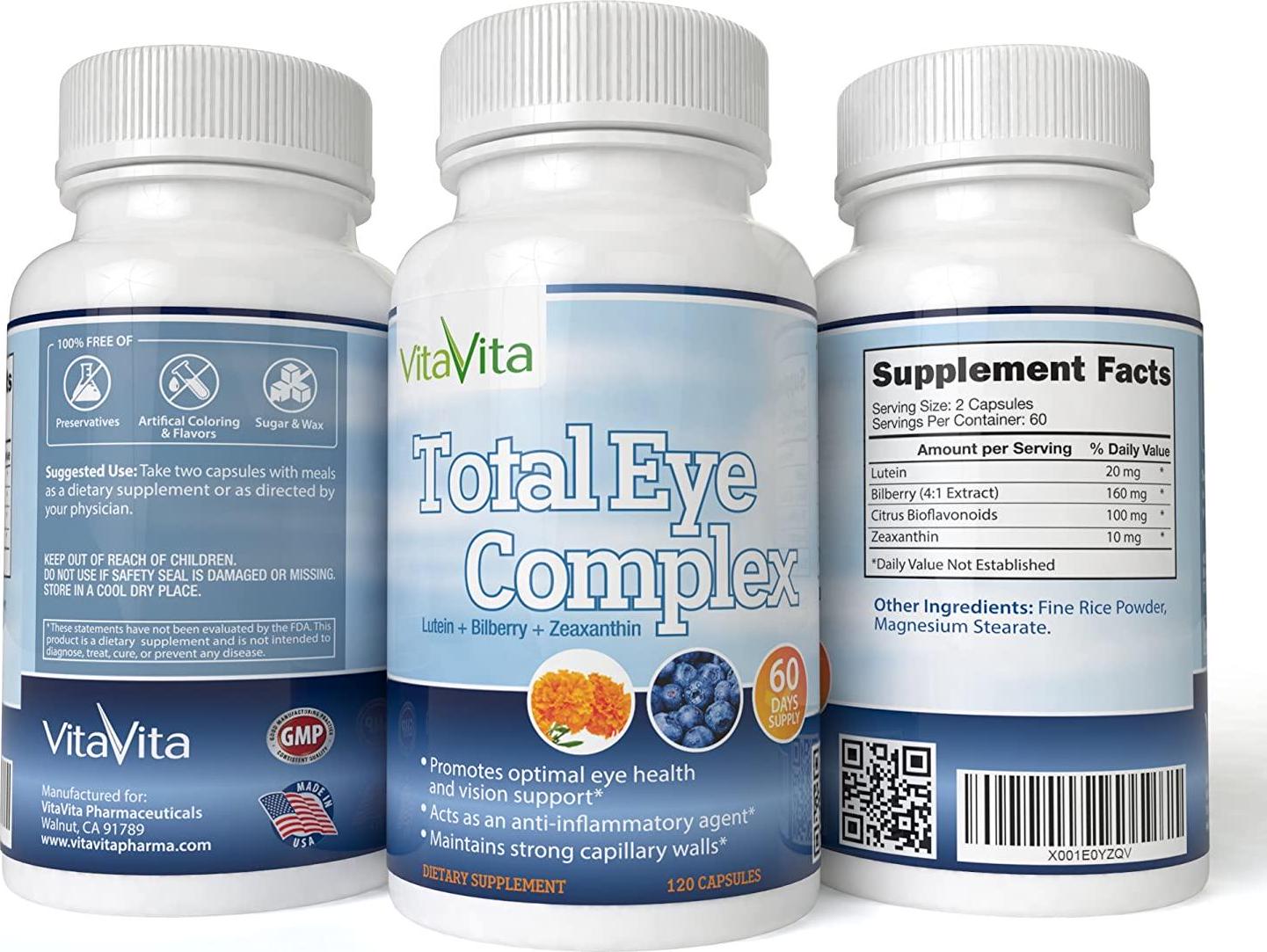 Total Eye Complex with Lutein, Bilberry and Zeaxanthin - Support Eye Health and Visual Acuity (120 Capsules)