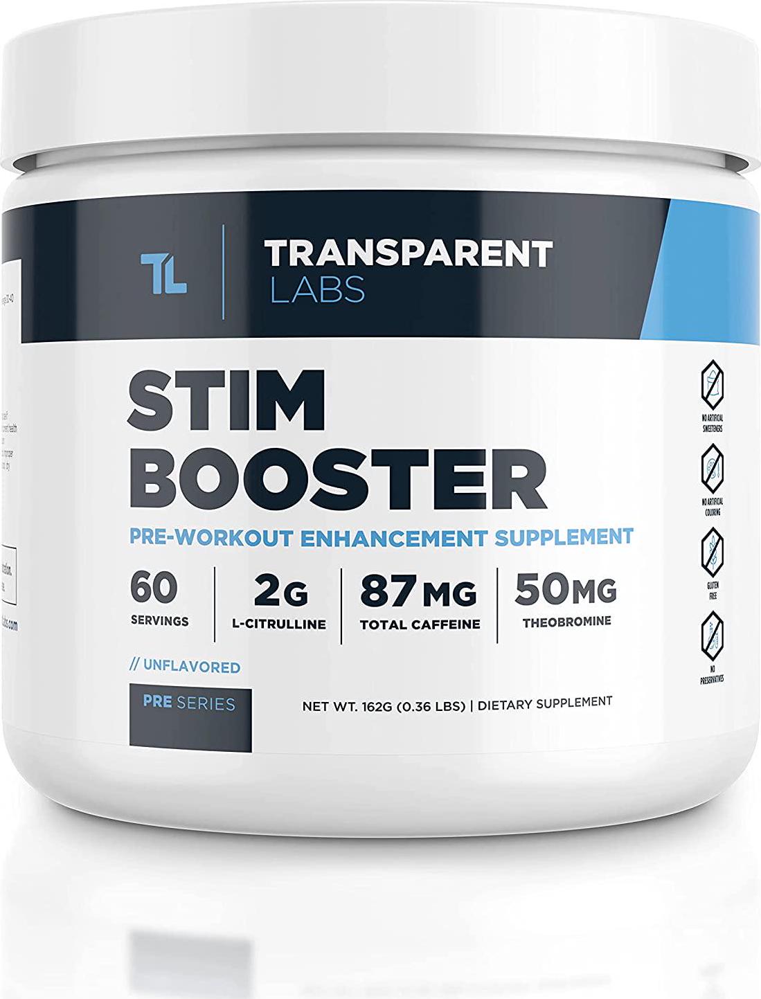 Transparent Labs Stimulant Booster Pre Workout,No Tingling,Contains Anhydrous Caffeine,L-Citrulline,and Theobromine,Gluten-Free,Non-GMO,No Sweeteners,Unflavored-60 Servings,STIM-BOOSTER