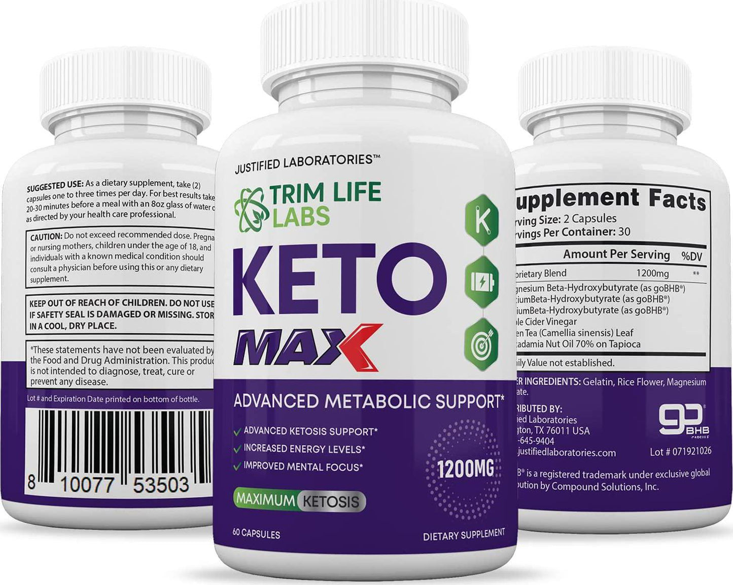 Trim Life Labs Keto Max 1200MG Pills Includes Apple Cider Vinegar goBHB Strong Exogenous Ketones Advanced Ketogenic Supplement Ketosis Support for Men Women 60 Capsules