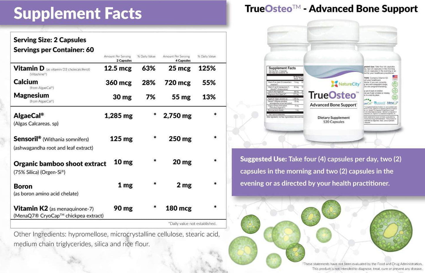 True-Osteo Plant Calcium Bone Support Supplement w AlgaeCal Vitamin K2 Magnesium (3)