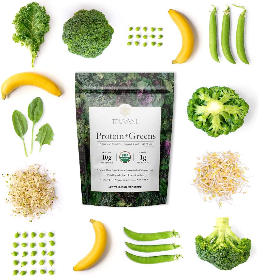 Truvani Protein + Greens | Organic, Non-GMO, Vegan, Gluten Free, Dairy Free | Daily Greens Combined with Protein | Great Taste with a Splash of Sweetness