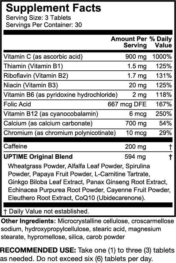 UPTIME - Premium Energy Caffeine Supplement - Original Blend Tablets - 90ct Bottle - Zero Calories