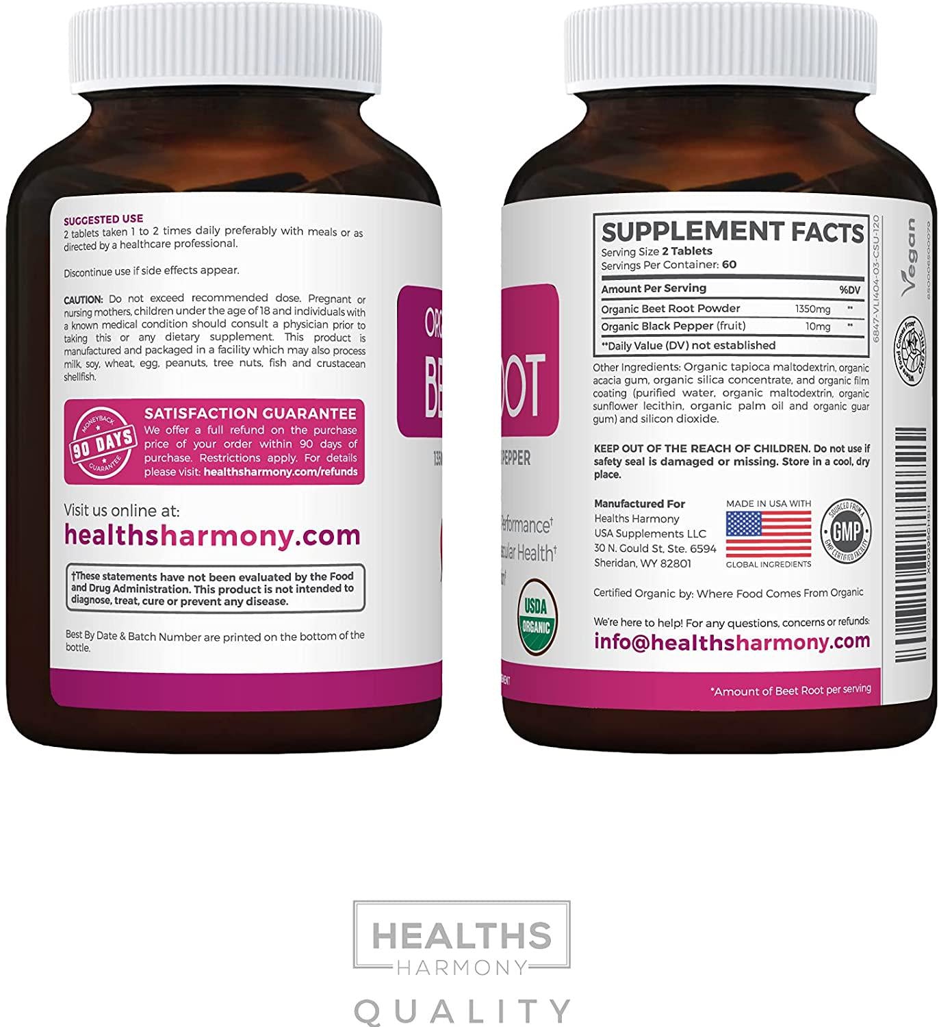 USDA Organic Beet Root Powder (120 Tablets) 1350mg Beets Per Serving with Black Pepper for Extra Absorption - Nitrate Supplement for Circulation, Heart Health, Super Athletic Performance - No Capsules