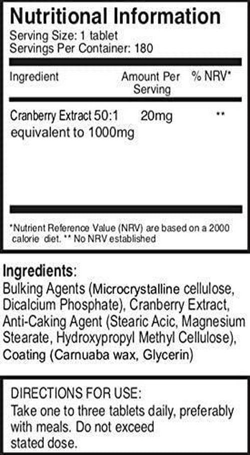 Ultra Concentrated Cranberry Extract 1000mg x 380 Tablets (2 Bottles of 180 Tablets – 1 Year Supply!) SKU: CRAN3x2