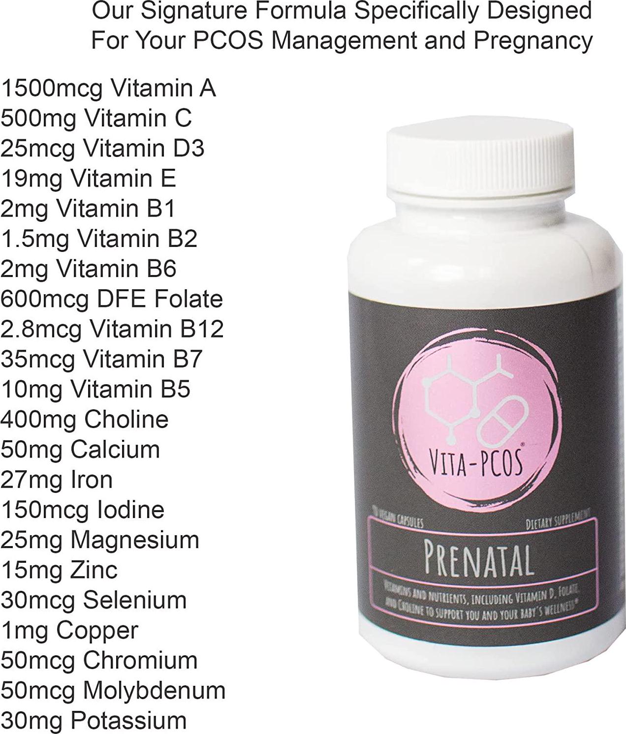 VITA-PCOS Vegan Prenatal Vitamin for Women PCOS Supplement | Natural Poly CS Support Vitamins with Folic Acid / Folate, Iron, Choline, and More | Gelatin Free | 90 Count Multivitamin Capsules