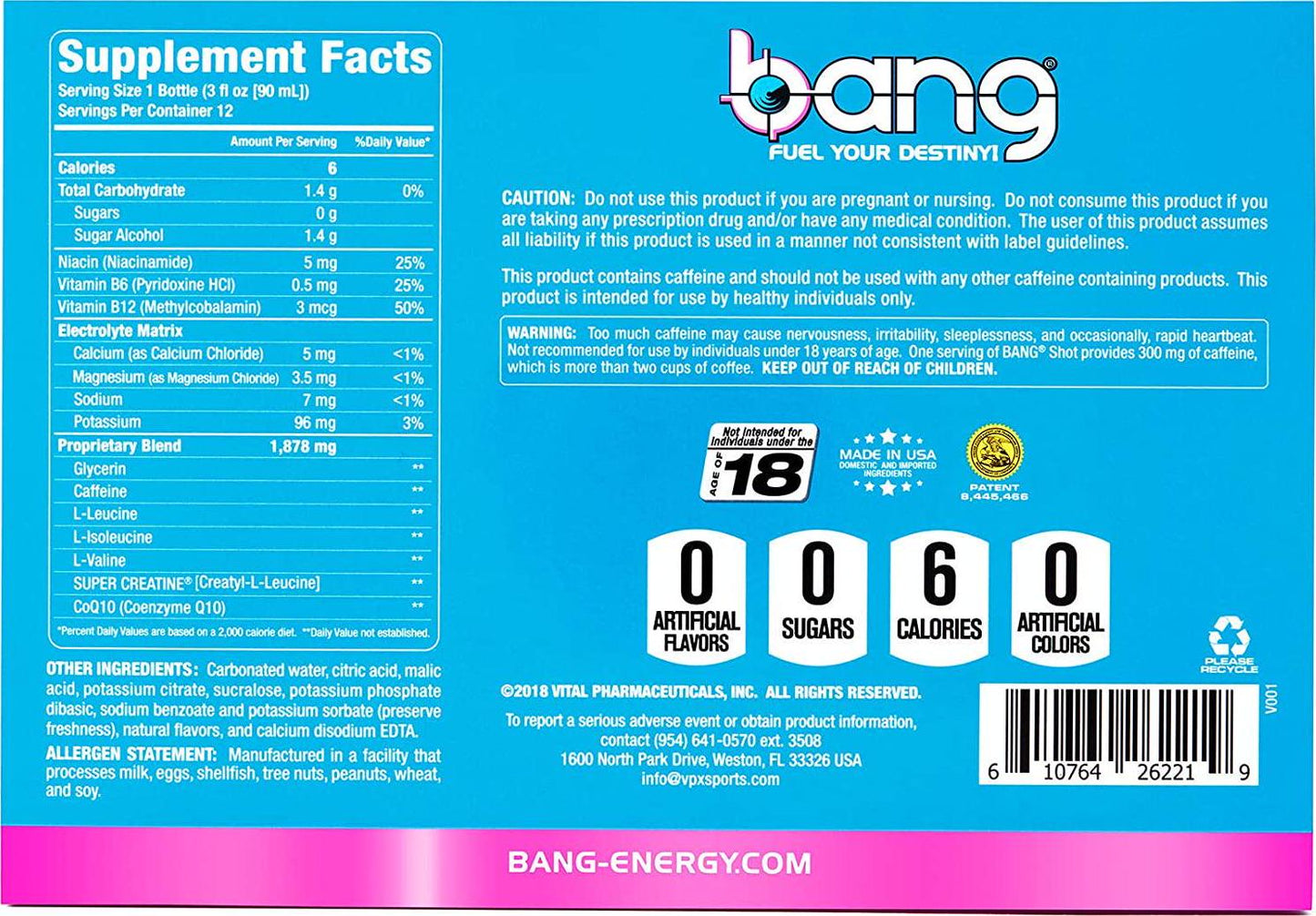 VPX (Vital Pharmaceuticals) Bang Shot Rainbow Unicorn, Carbonated Energy Shot, 3 fl oz. (12 Drinks)