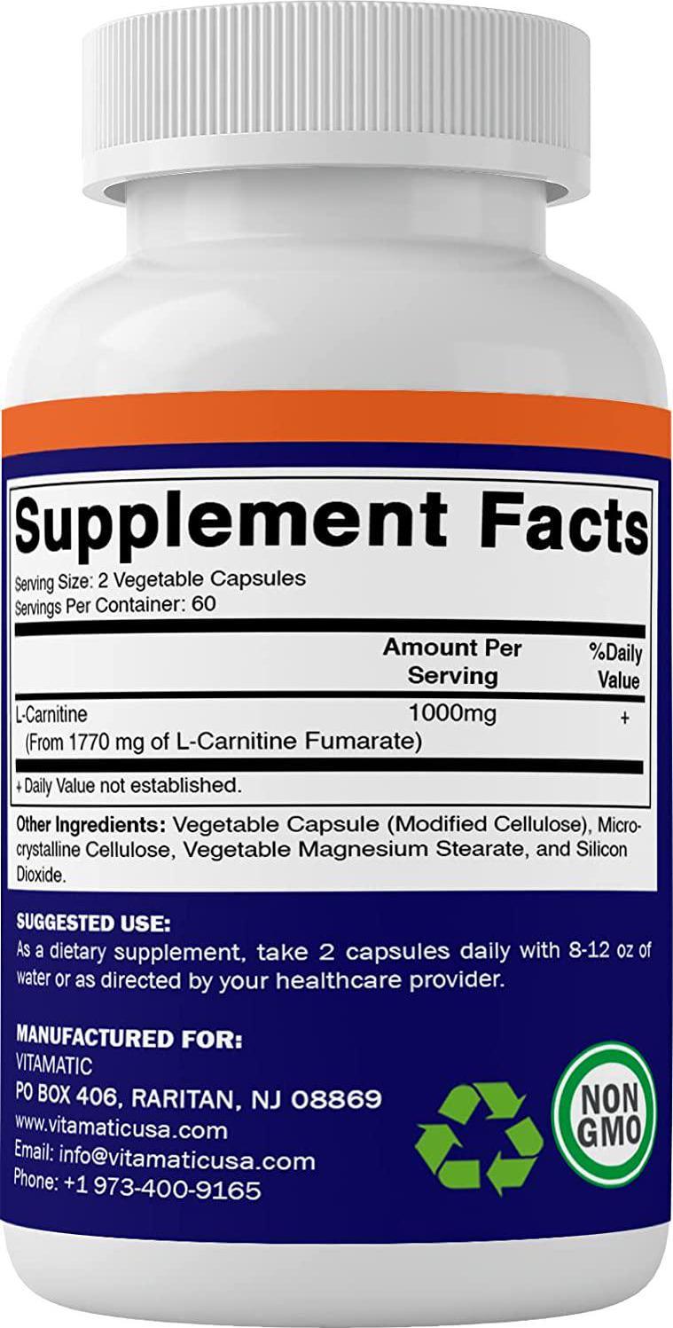 Vitamatic L-Carnitine Fumarate 1000 mg - 120 Vegetable Capsules