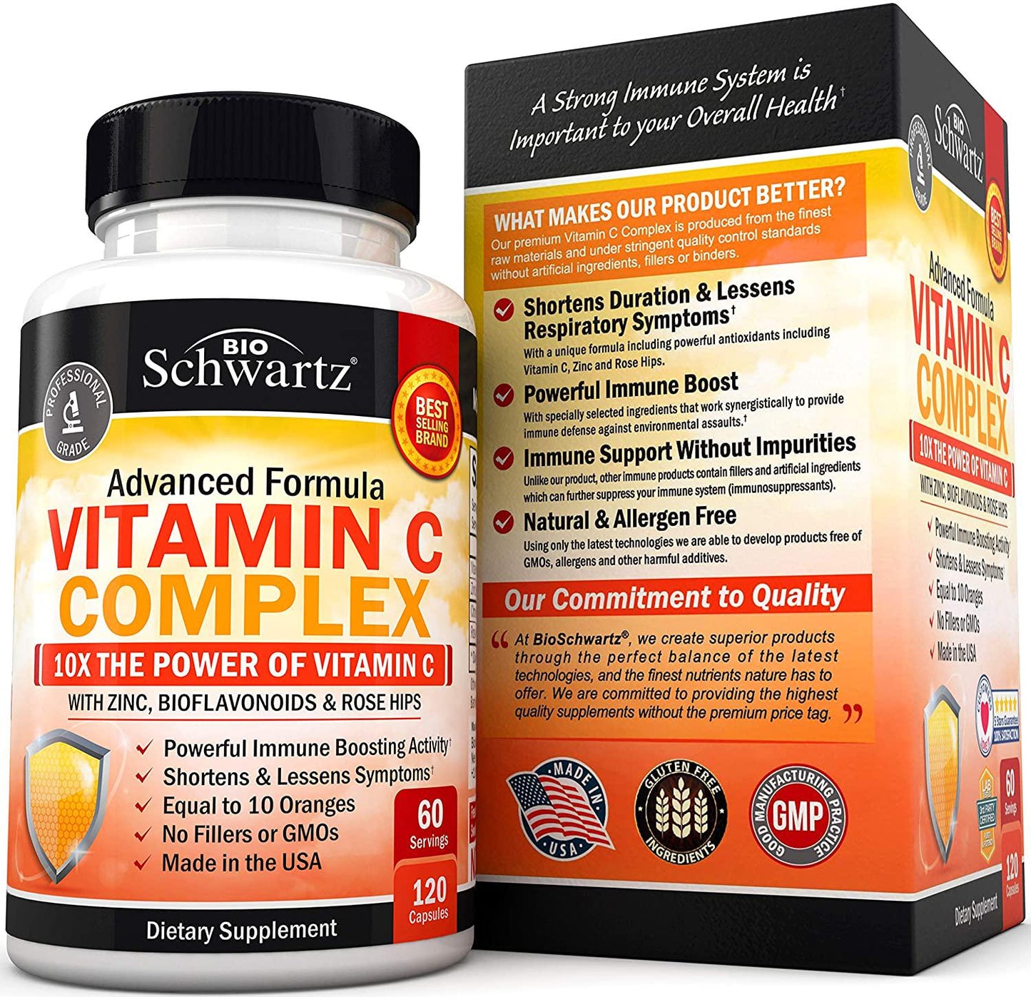 Vitamin C 1000mg Capsules with Zinc, Rose Hips and Bioflavonoids - Supplement with 10x The Power of Vitamin C - Shortens and Lessens Symptoms - Equal to 10 Oranges - 120 Capsules