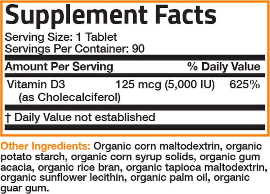 Vitamin D3 5000 IU Certified Organic Vitamin D Supplement, Non-GMO, USDA Certified, 90 Tablets