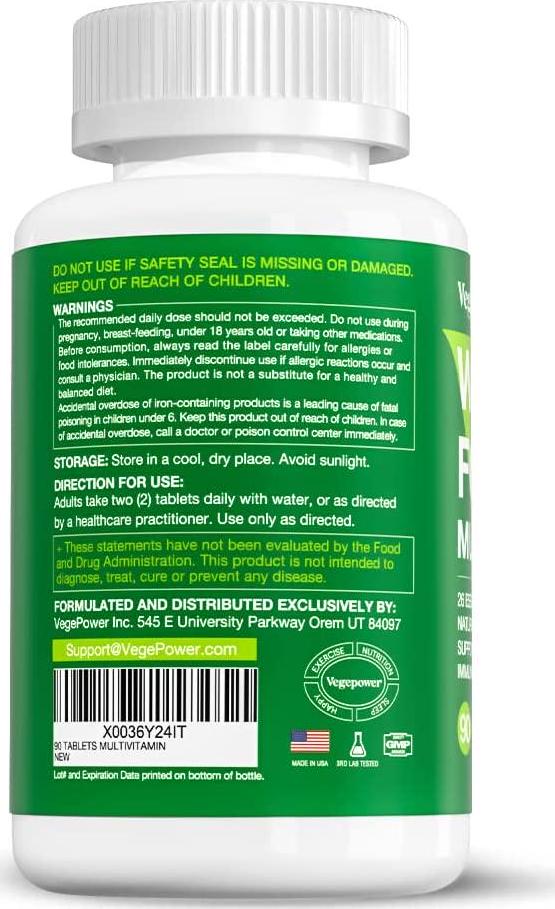 Whole Food Multivitamin for Men Women - with 65+ Vitamins, Minerals, Organic Nature Powder and Extracts - Whole Food Supplement for Energy, Gut, Immune Health - All Natural, Non-GMO 90 Vegan Tablets