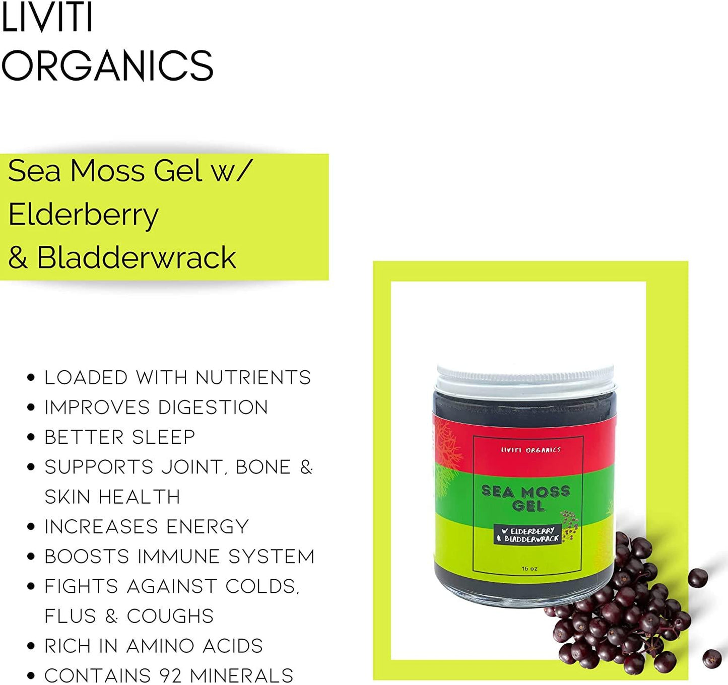 Wildcrafted Sea Moss Gel with Elderberry and Bladderwrack Organic Irish Sea Moss with 92 Minerals and Vitamins, Cell Food for Energy