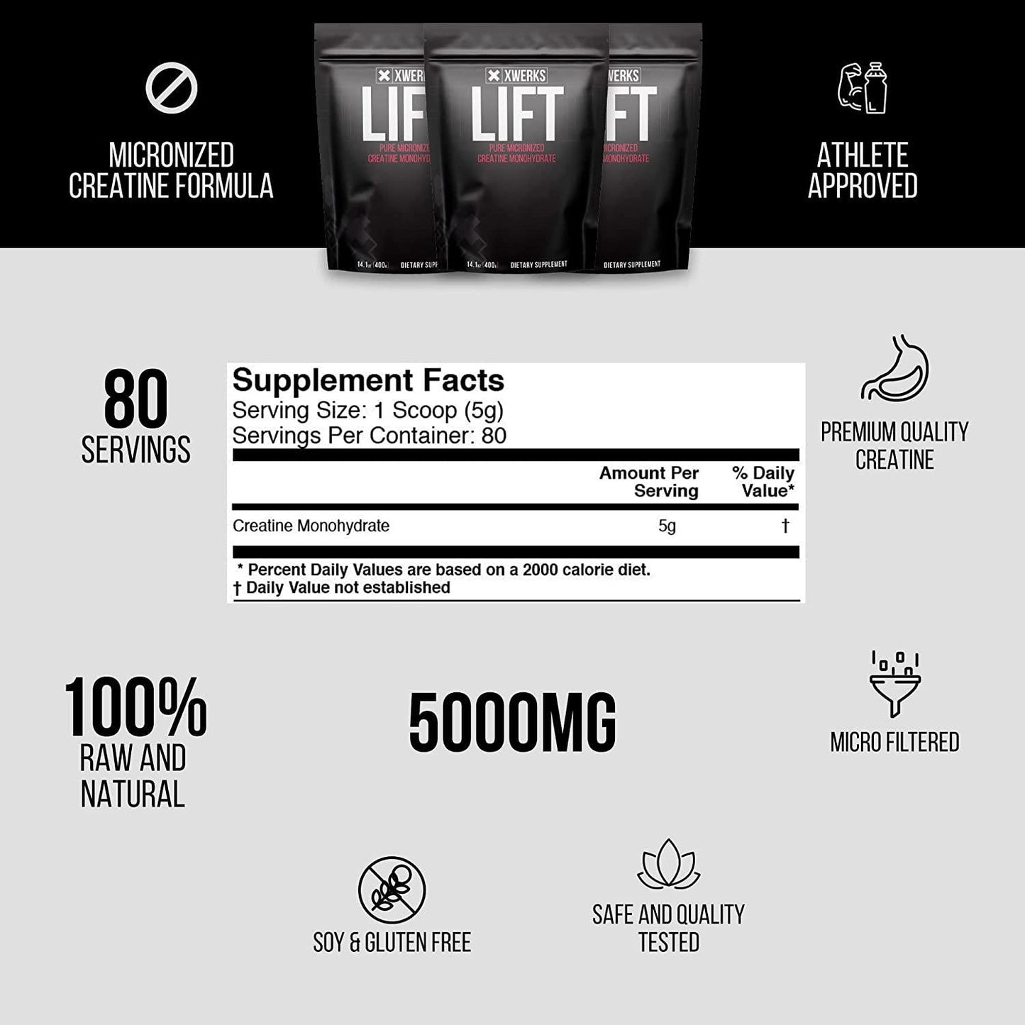 Xwerks Lift Pure Creatine Monohydrate Powder - 80 Servings - Raw 100% Natural 5000mg Formula Micronized Creatine - Highly Soluble Supplements for Power Strength Muscle Growth and Repair - Unflavored