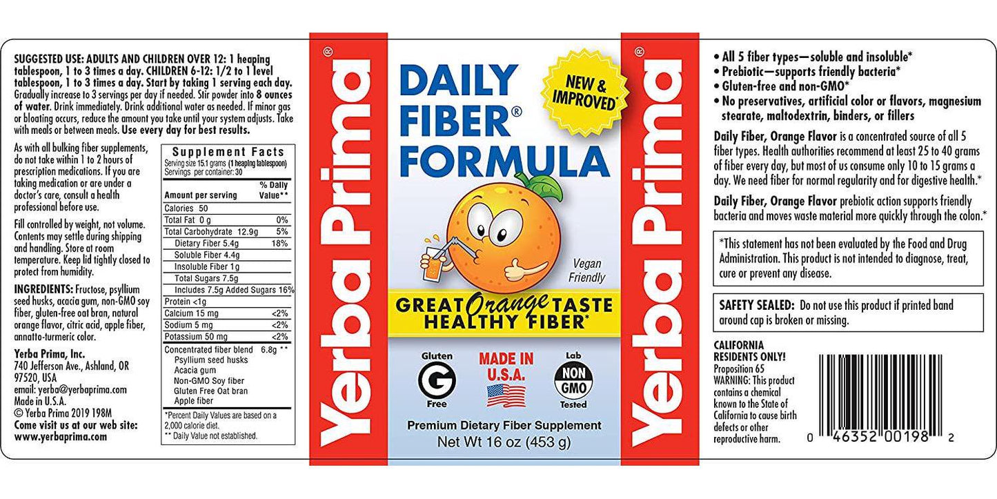 Yerba Prima Daily Fiber Formula 16 oz Powder (Pack of 3) - Great Tasting Premium Dietary Fiber Supplement, Made in the USA, Non-GMO, Gluten Free, Natural Orange Flavor