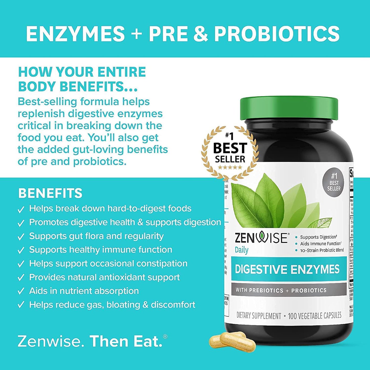 Zenwise Digestive Enzymes Probiotics and Prebiotics - Digestion and Bloating Relief for Women and Men, Lactose Absorption with Amylase and Bromelain, 100 Count