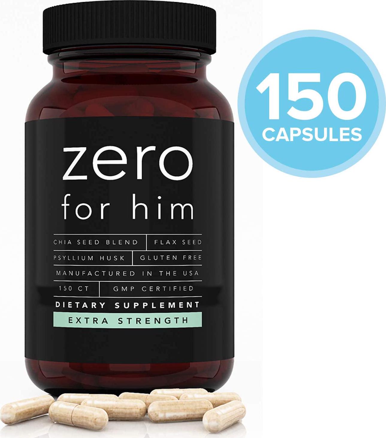Zero for Him Extra Strength - Fiber Supplement for Men - 150 Pure Supplement Vegan Capsules - High Fiber Supplement Pills - Daily Dietary Fiber Supplement Chia Flaxseed Psyllium Husk Fiber Pills