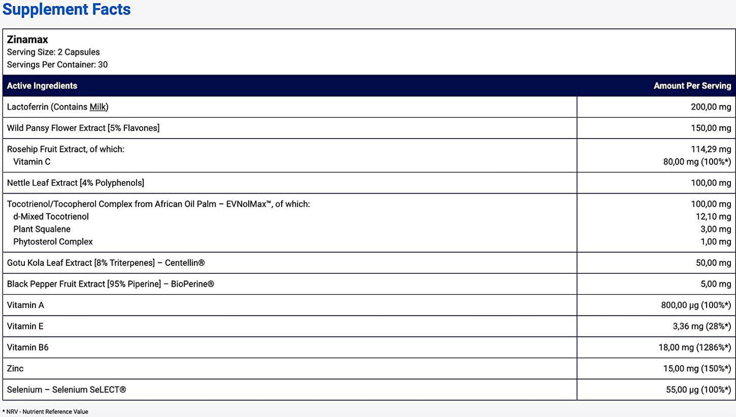 Zinamax Advanced Formula with Lactoferrin for Clear Skin, 60 Capsules
