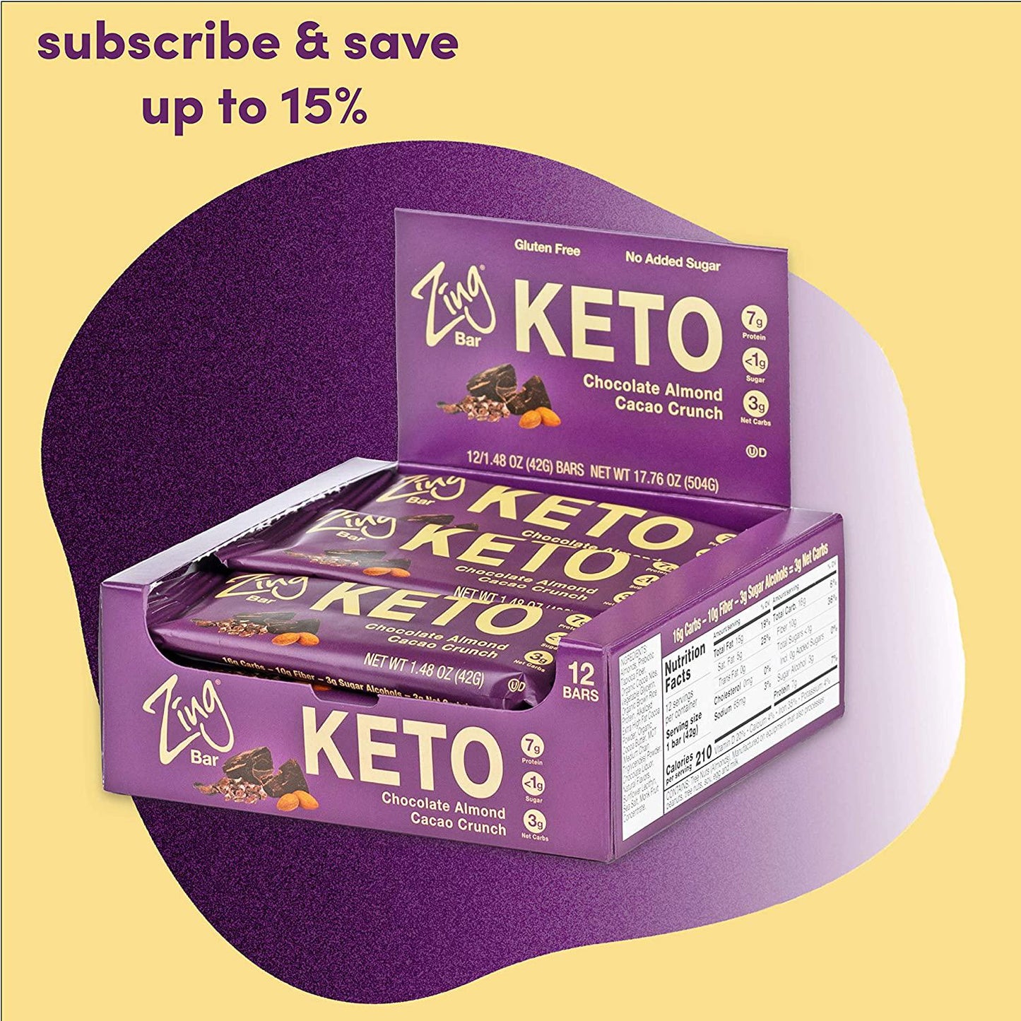 Zing Bars Keto Low Carb Protein Bar Bold Chocolate Almond Cacao Crunch, 7g Protein, 3g Net Carbs, 1g Sugar - Plant Based, Gluten Free, No Added Sugar, 1.48 Oz, Pack of 12