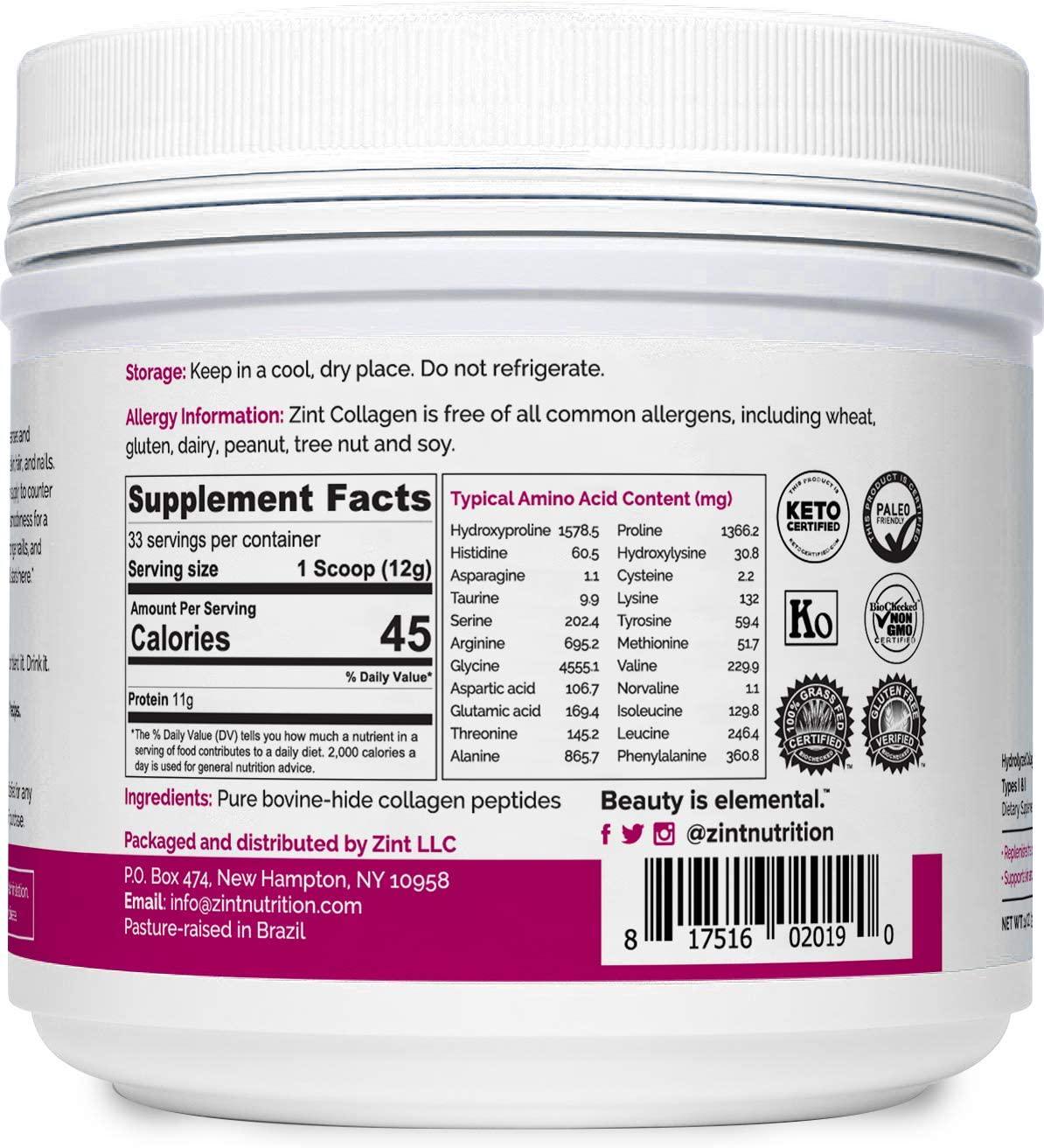 Zint Collagen Peptides Powder (14 Ounce): Hydrolyzed Collagen Protein Powder Beauty Supplement - Skin, Hair, Nails