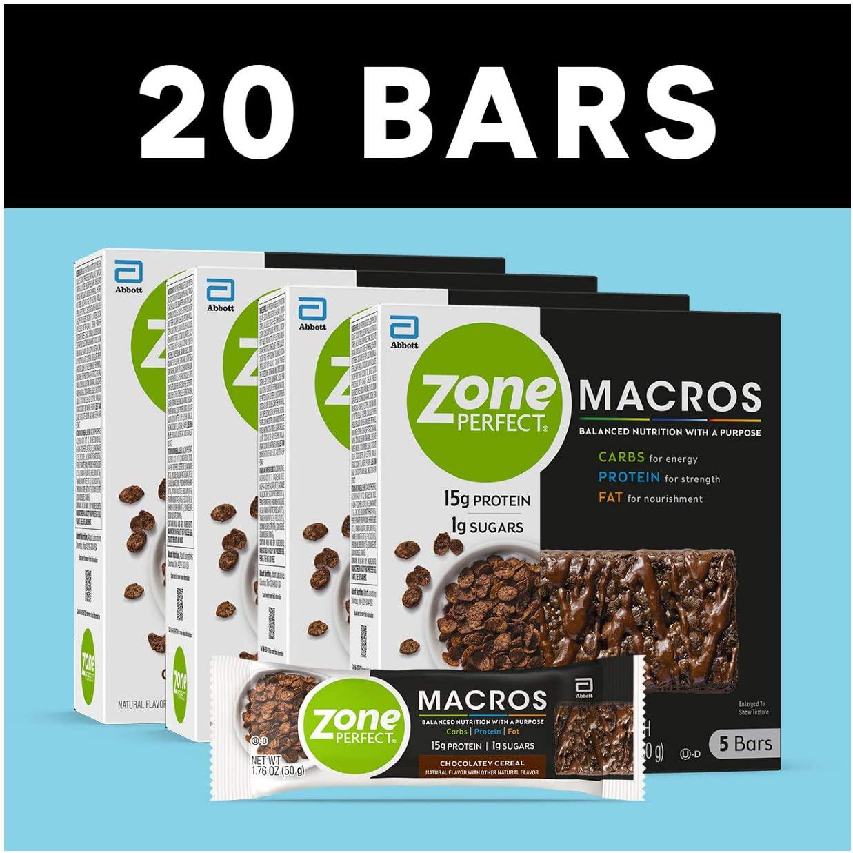 Zone Perfect Macros Bars, with 15g Protein, 1g Sugars and 18 Vitamins and Minerals, Chocolatey Cereal, 20 Count