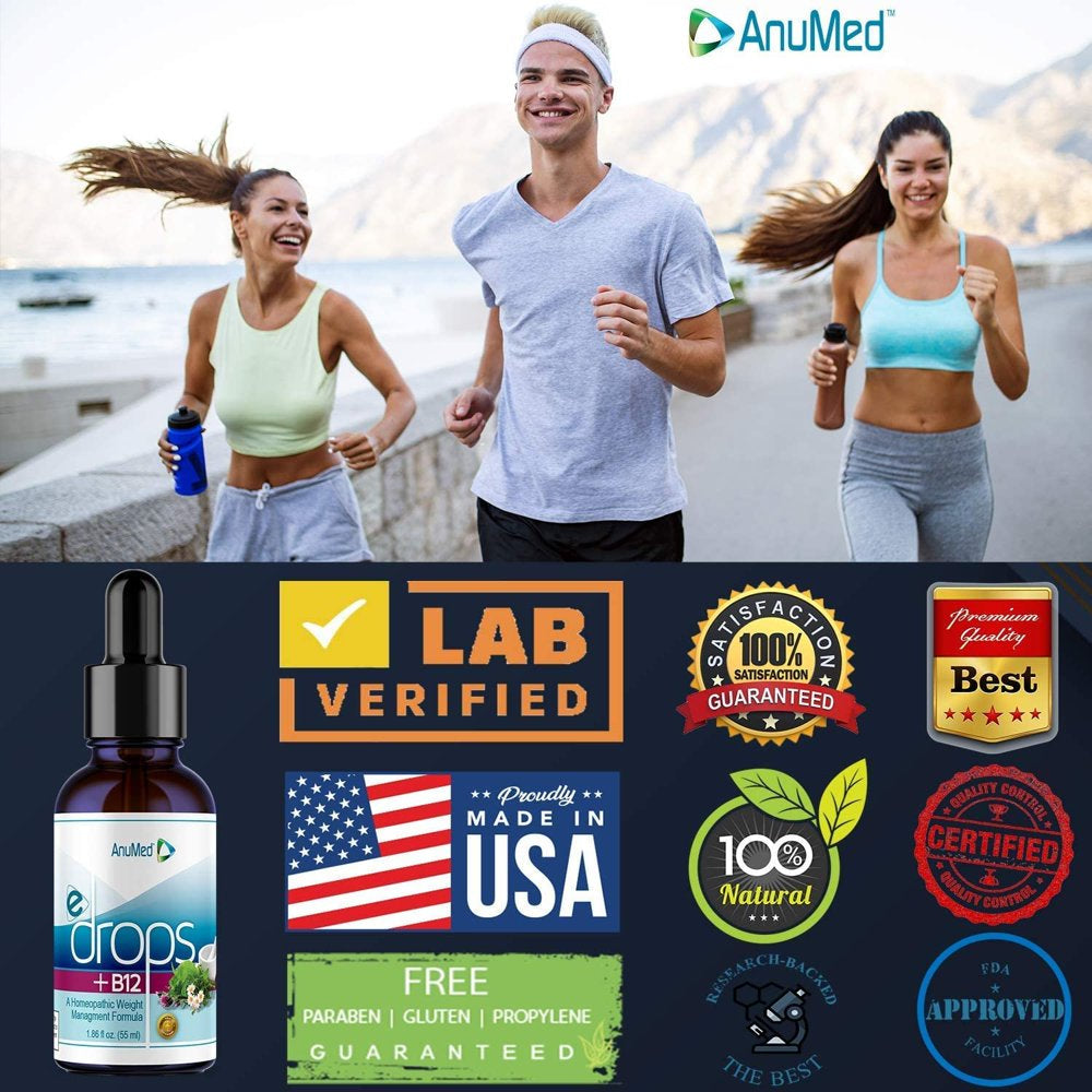 Anumed E-Drops+B12 Premium Fast Fat Burner Metabolism & Energy Booster Control Hunger Super Fast Transformation Healthy Weight Loss Drops All Natural Vegan & Keto Friendly for Women & Men 2Oz