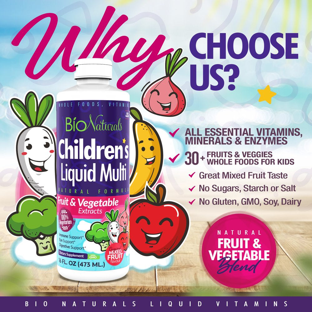 Bio Naturals Children'S Liquid Multivitamin & Immune Booster - Natural Supplement for Kids & Toddlers with Vitamins a B C D3 E, Fiber, Fruits & Vegetables - No Gmos, Gluten, Sugar, Dairy, Soy - 16Oz