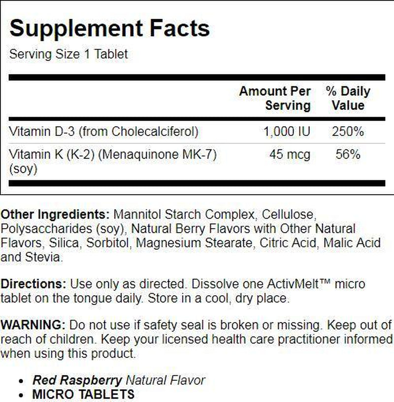 KAL D-3 and K-2 Activmelt | Healthy Bones, Heart & Immune Function Support | Instant Dissolve Tabs | Natural Red Raspberry Flavor | 60 Micro Tablets
