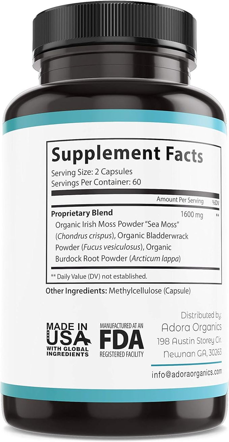 Adora Organic Sea Moss Complex 1600Mg plus Bladderwrack & Burdock - Boost the Immune System & Digestive Health - Cleanse and Detox - Thyroid, Healthy Skin, Keto Detox, Gut.