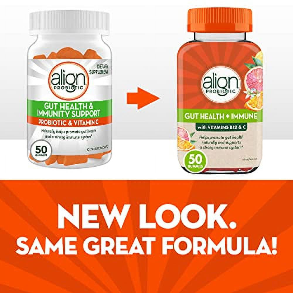 Align Probiotic, Gut Health & Immunity Support, Probiotic for Women and Men, #1 Doctor Recommended Brand, Vitamin C and B12 for Immune Support & Energy, Citrus Flavor, 50 Gummies