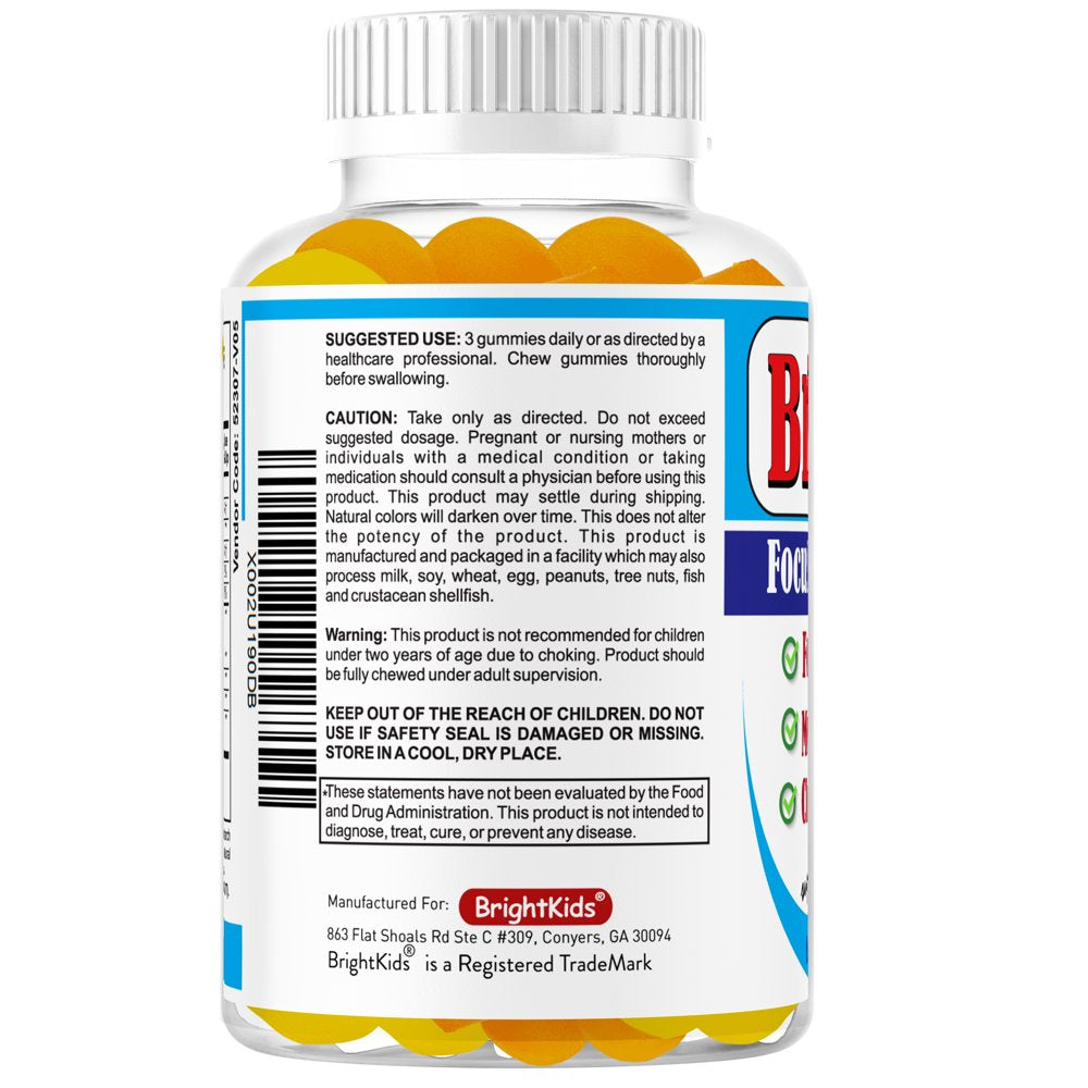 Brightkids Brain Focus Supplement for Kids, Focus for Kids, Brain Focus Gummies for Children, Memory Supplements Lemon & Orange Flavored 60 Gummies