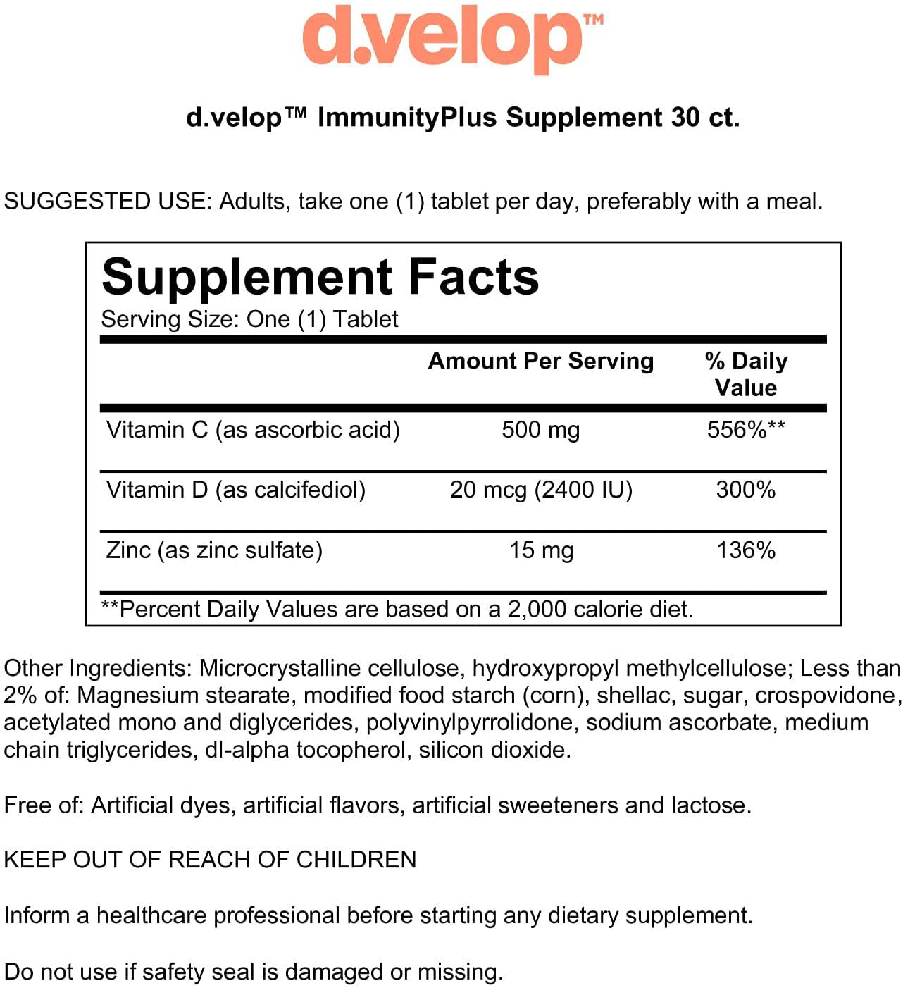 d.velop Vitamin D ImmunityPlus – 30 Tablets, 20 mcg (2400 IU) – Vitamin D Supplement w/ Zinc and Vitamin C - Immune Support – 3X Faster and More Effective† – Clinically Tested - Zinc and Vitamin D