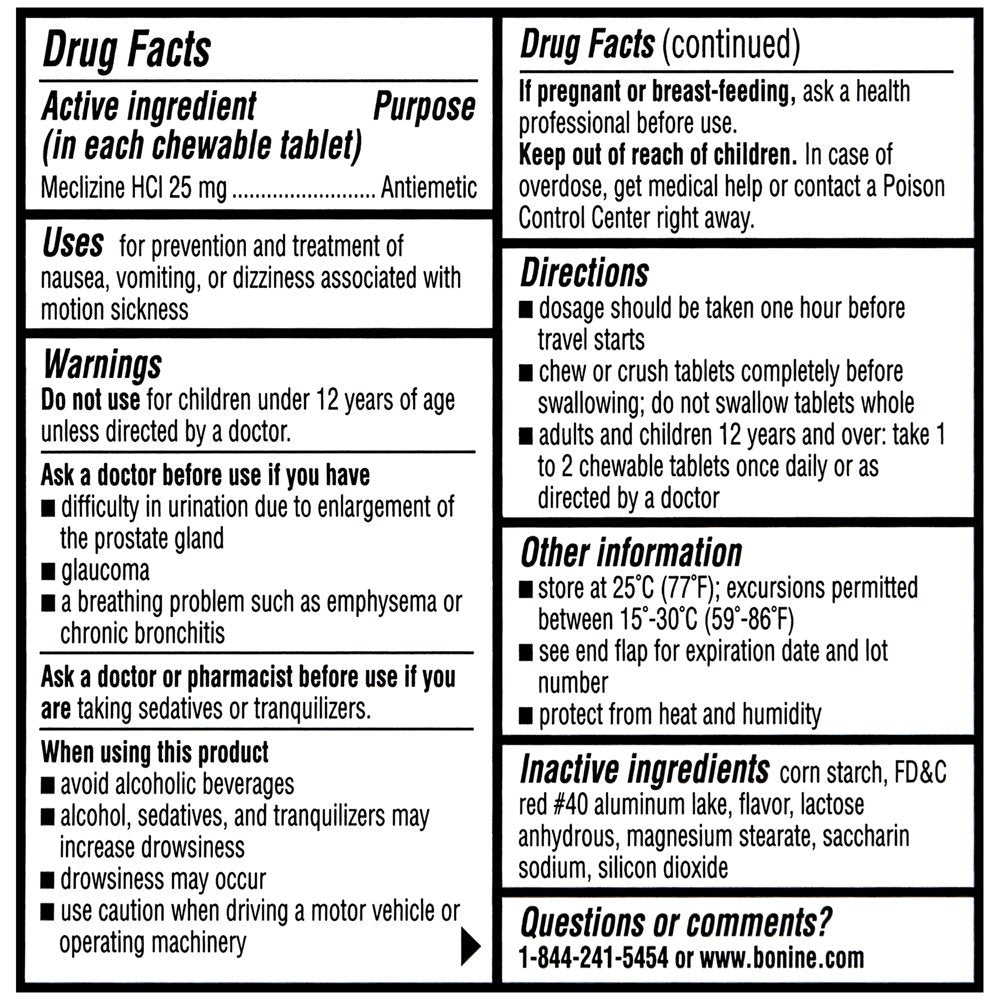 Bonine Motion Sickness and Nausea Relief Travel Pack, Chewable Tablets, Raspberry, 12 Ct