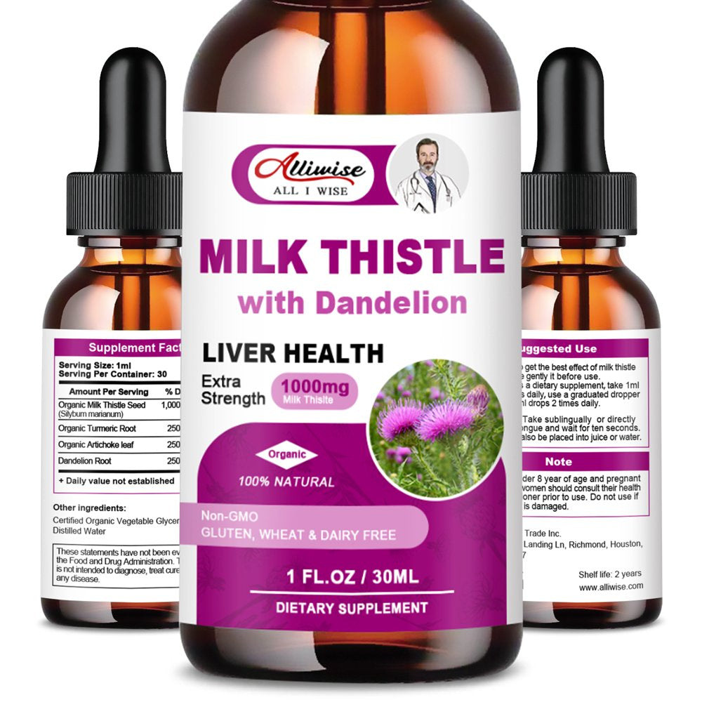 (2 Pack)Alliwise Milk Thistle Drops 1000Mg,Silymarin Marianum & Dandelion Root Support Liver Health,Total 2Fl Oz - Nutricity.com.au