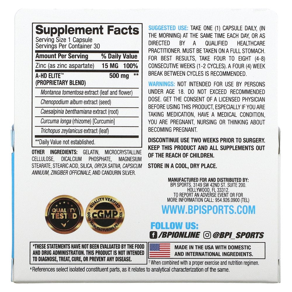BPI Sports A-HD Elite, 500 Mg, 30 Capsules