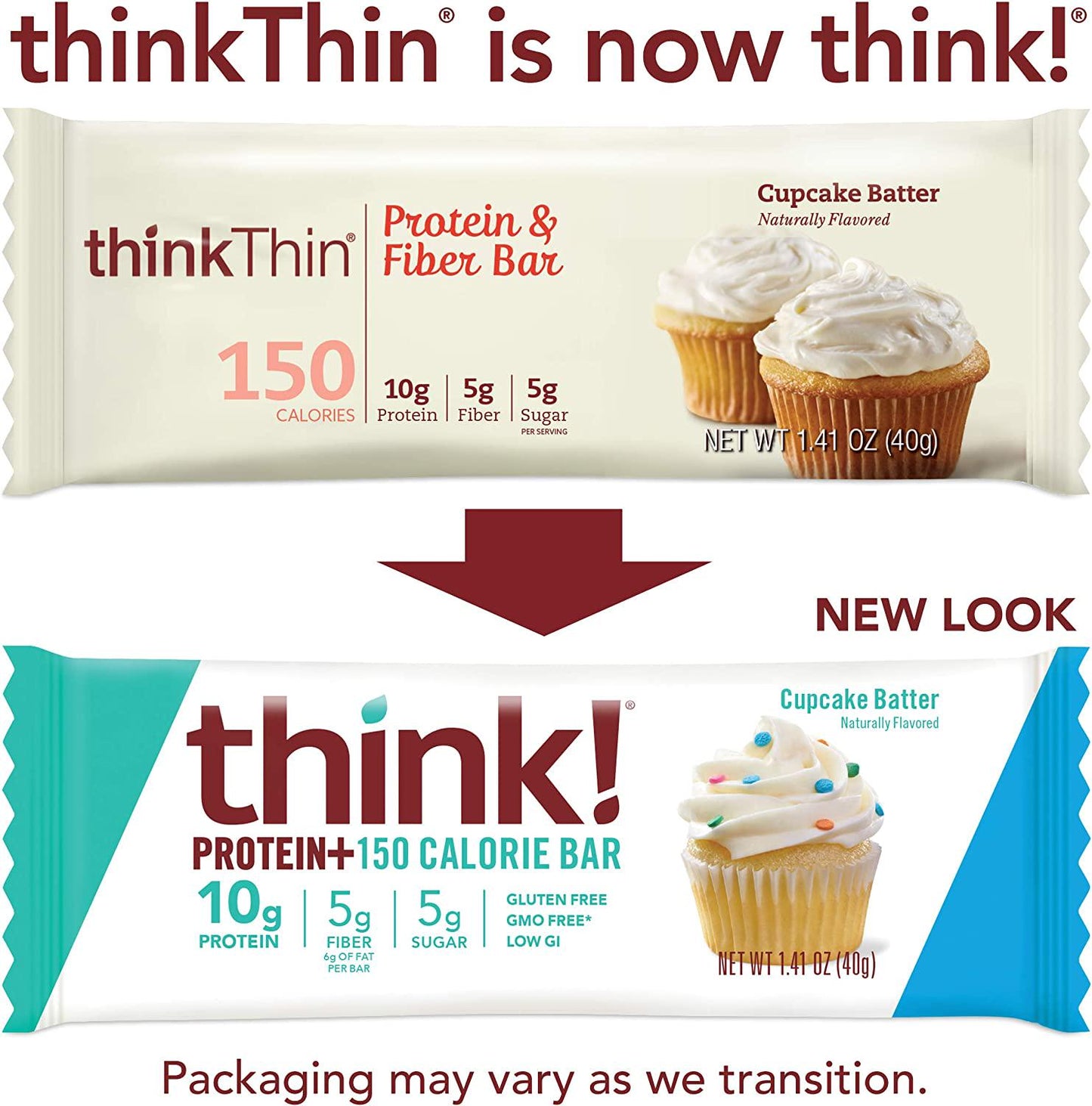 thinkThin Protein and Fiber Bars, Cupcake Batter, 1.41 oz Bar (10 Count)