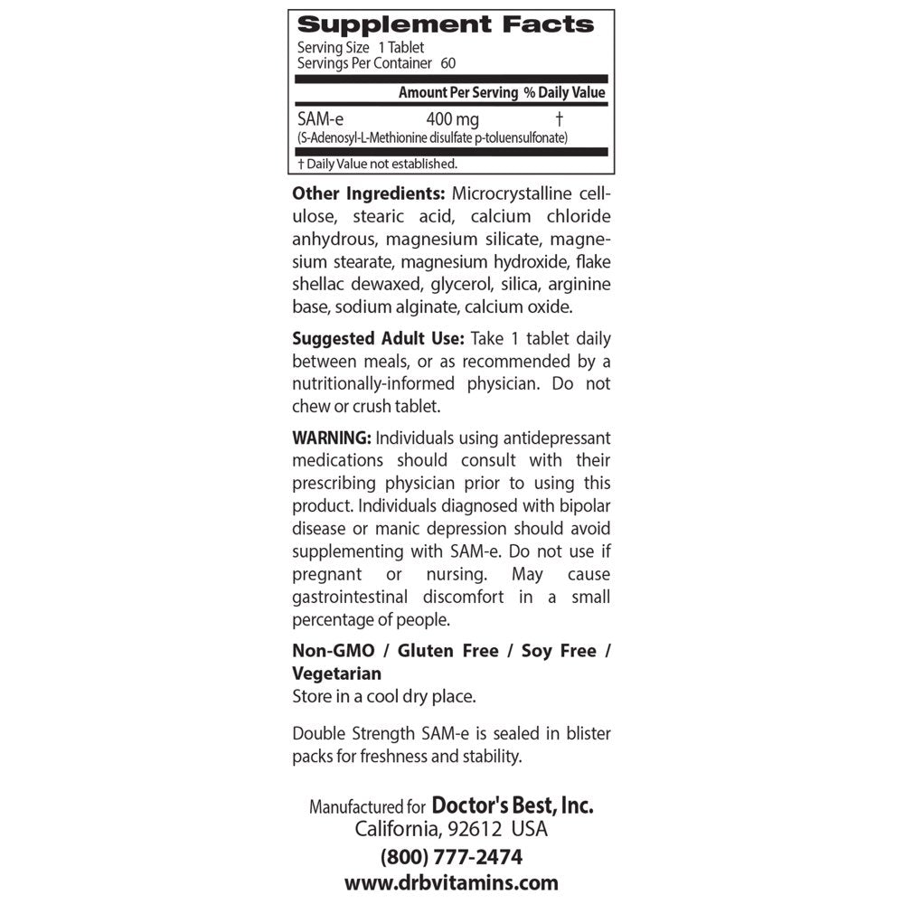 Doctor'S Best Sam-E 400 Mg, Vegan, Gluten Free, Soy Free, Mood and Joint Support, 60 Enteric Coated Tablets